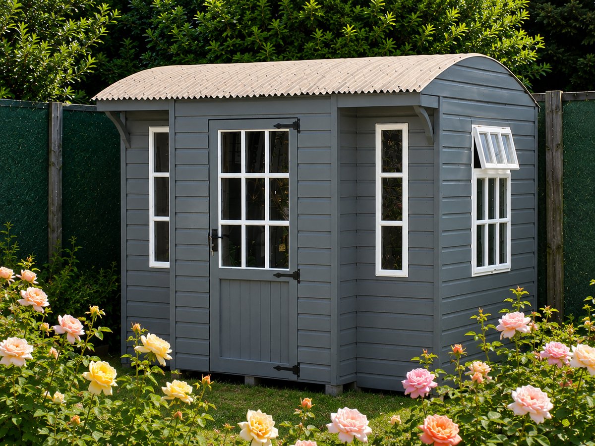 Grey shepherd-style garden room with roses in the foreground